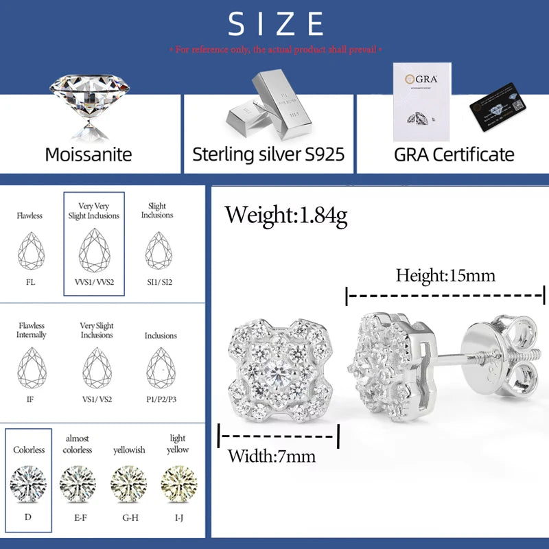 Original 925 Sterling Silver Moissanite Geometry Stud Earring Wedding Party Ear Jewelry Gift For Women Men Passed Diamond Tester