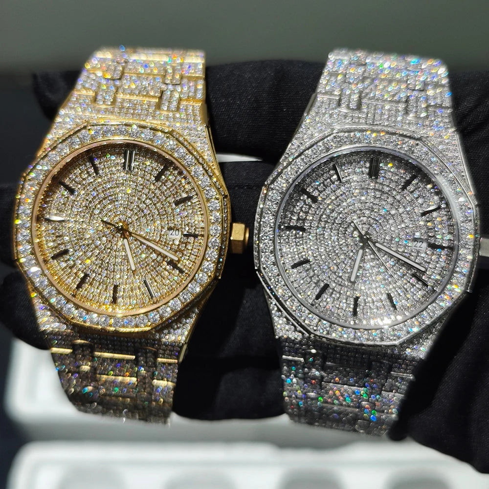 Luxury Brand Stainless Steel Automatic Mechanical Watch Hip Hop Iced Out VVS Moissanite Watch Pass Diamond Tester