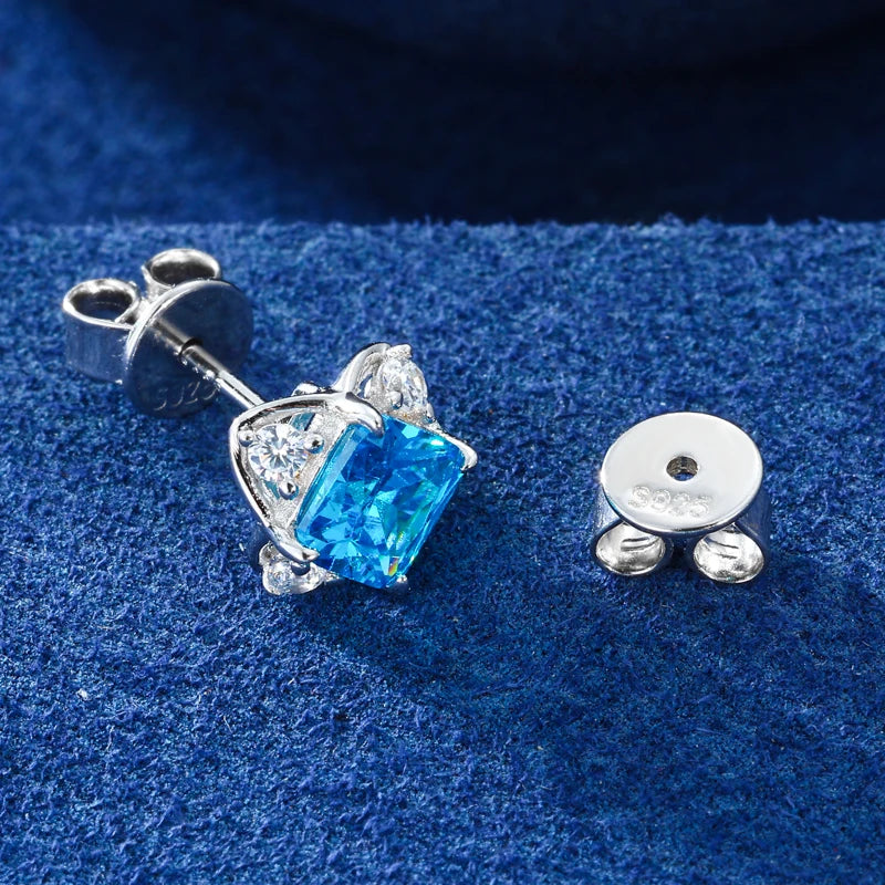 Bling 925 Sterling Silver Blue Asscher Cut Stud Earrings For Women Men Fine Hip Hop Wedding Party Ear Jewelry Accessories Gifts