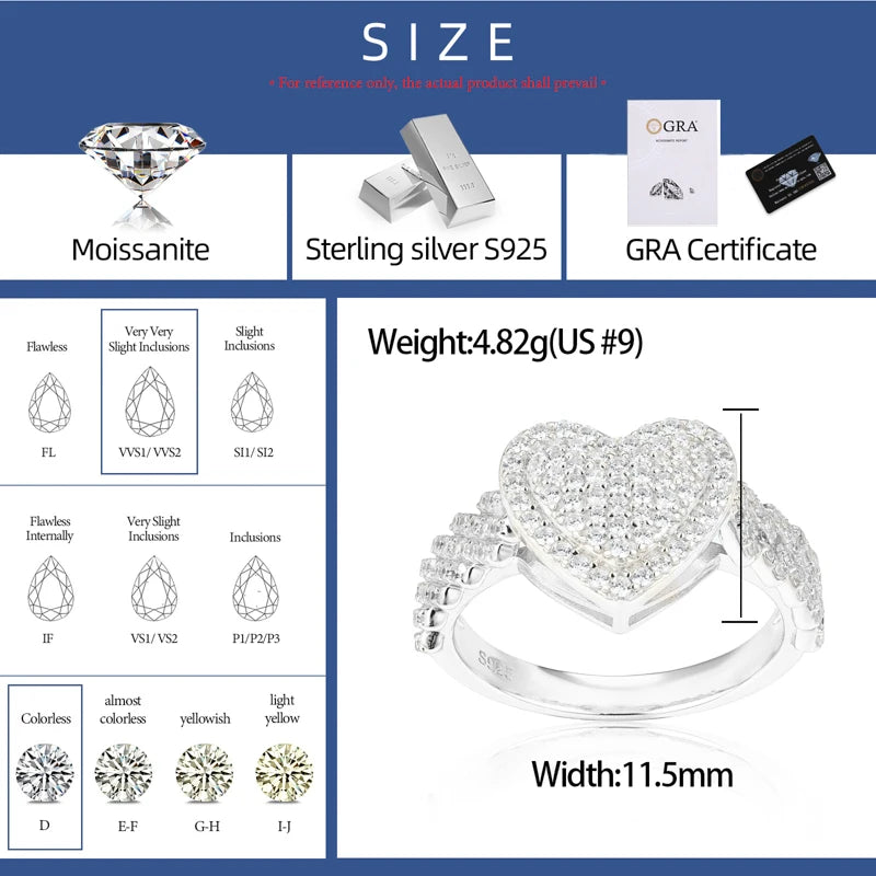 New Cuban Ring GRA Certified Full Moissanite Diamond Heart Ring for Men Women Real 925 Sterling Silver Hip Hop Band Ring Jewelry