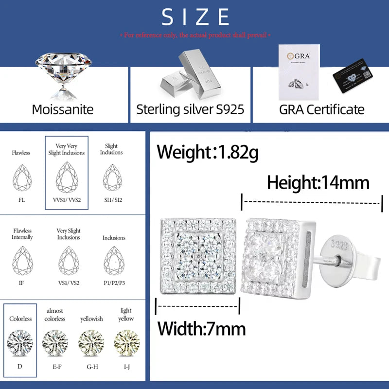Luxury Moissanite Geometric Stud Earrings for Man Woman 100% Real 925 Sterling Silver Square Earrings Daily  Accessories Jewelry