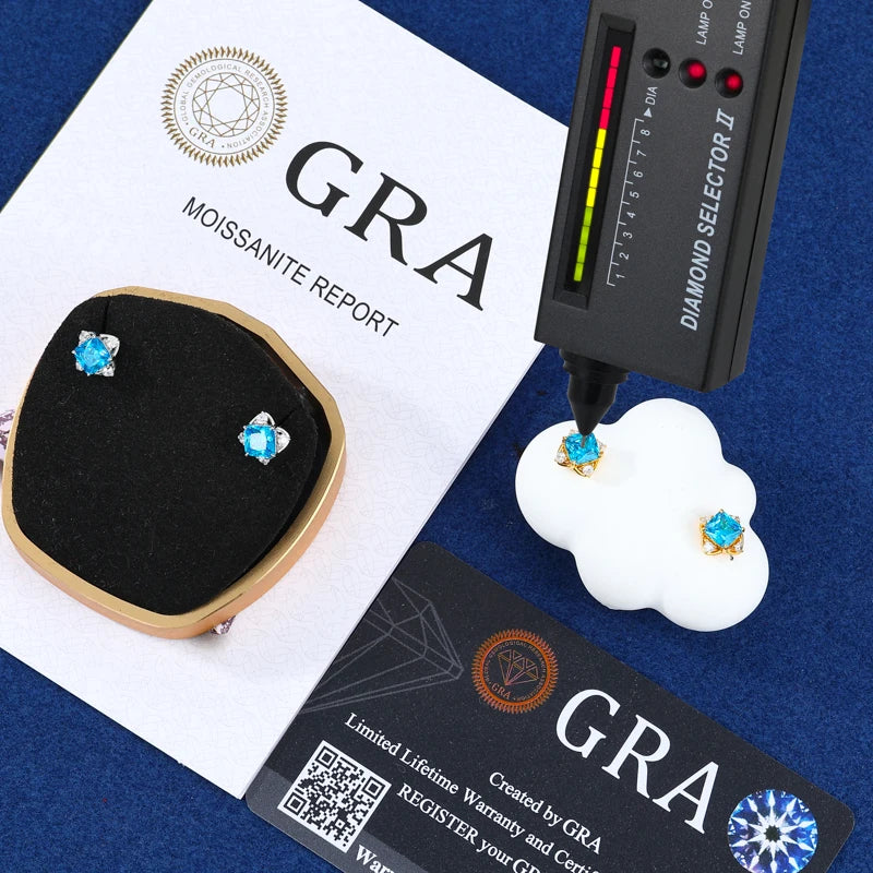 Bling 925 Sterling Silver Blue Asscher Cut Stud Earrings For Women Men Fine Hip Hop Wedding Party Ear Jewelry Accessories Gifts