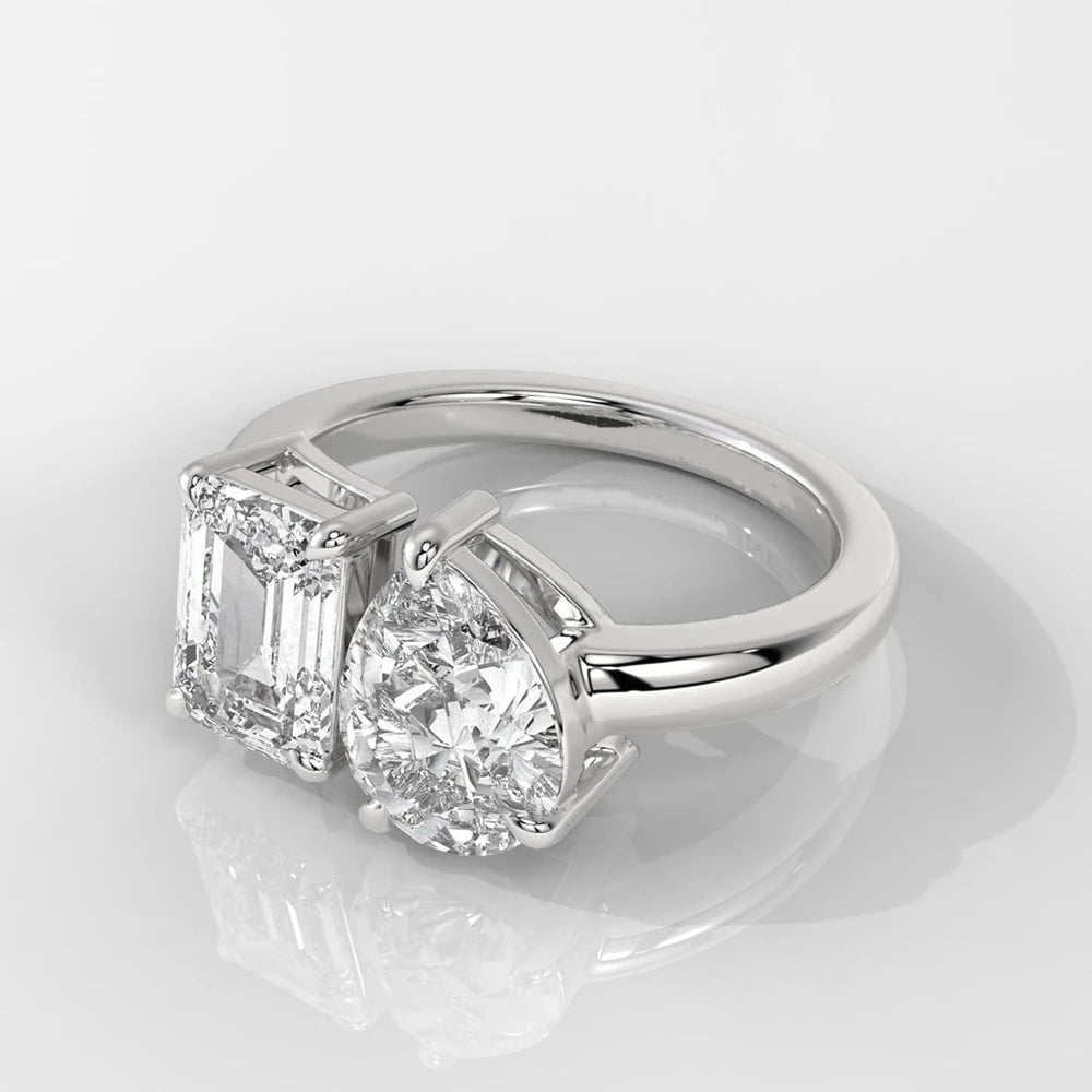 5cttw Pear&Emerald Cut Moissanite Diamond Engagement Rings for Women Two Stone 925 Sterling Silver Wedding Band with Certificate