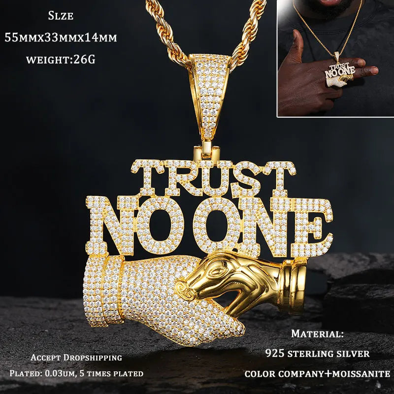 Men S925 Trust No one Pendant Necklace Iced Out Moissanite Gold Silver Color Charm Hip Hop, Fine Jewelry, Gift, Party.