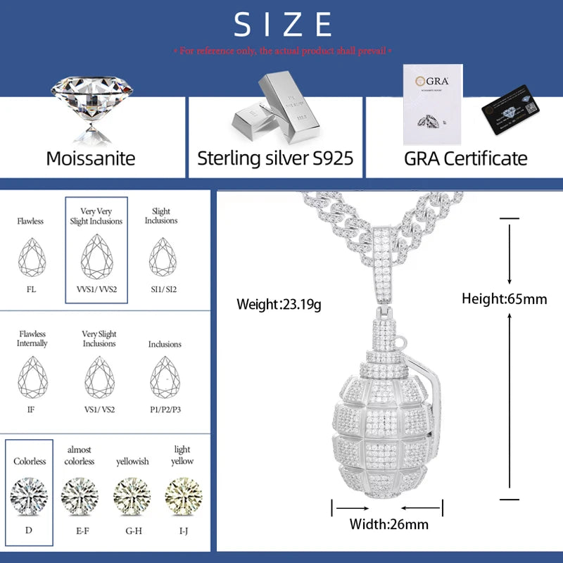 Iced Out Moissanite Retro Creative Hip Hop Grenade Men's Pendant Necklace For Male Women Punk Hip Hop Accessories Gift Wholesale