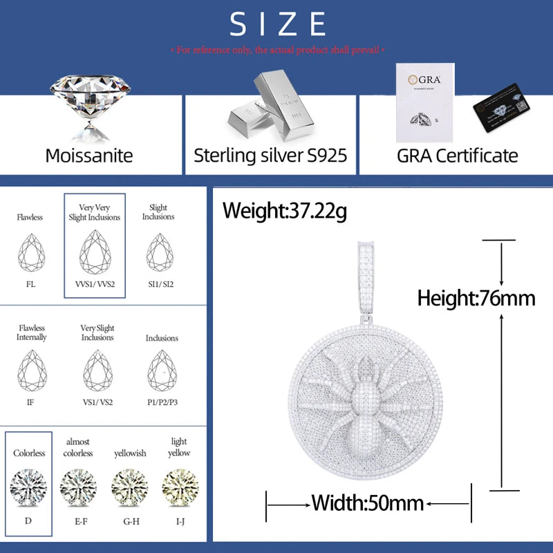 Luxury Hip Hop 925 Sterling Silver Spider Pendant for Men Iced Out Round Moissanite Charm Chain Passed Diamond Test Fine Jewelry