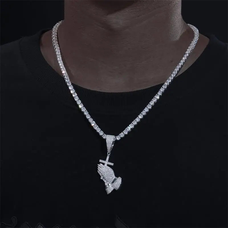 D Color Moissanite Bling Cross Pray Hand Pendant Necklace 925 Sterling Silver Hip Hop Jewelry Christmas Gift Passed Diamond Test
