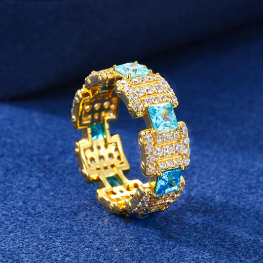 New Exquisite Gradient Blue Rings for Men Women 100% 925 Silver GRA Certified Full Moissanite Diamond Hip Hop Band Ring Jewelry