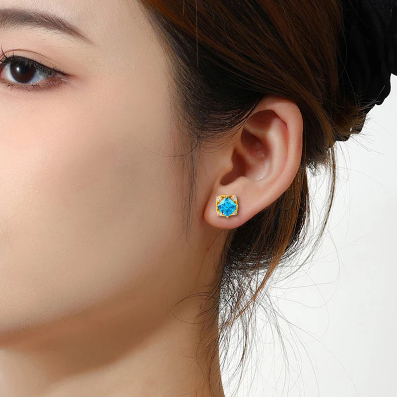 Bling 925 Sterling Silver Blue Asscher Cut Stud Earrings For Women Men Fine Hip Hop Wedding Party Ear Jewelry Accessories Gifts