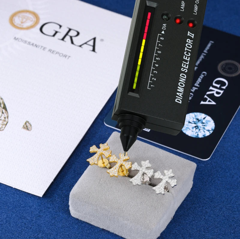S925 Full Moissanite Cross Stud Earrings For Women/Men Hiphop Party Jewelry 100% 925 Sterling Silver Sparkling Wedding, Gift