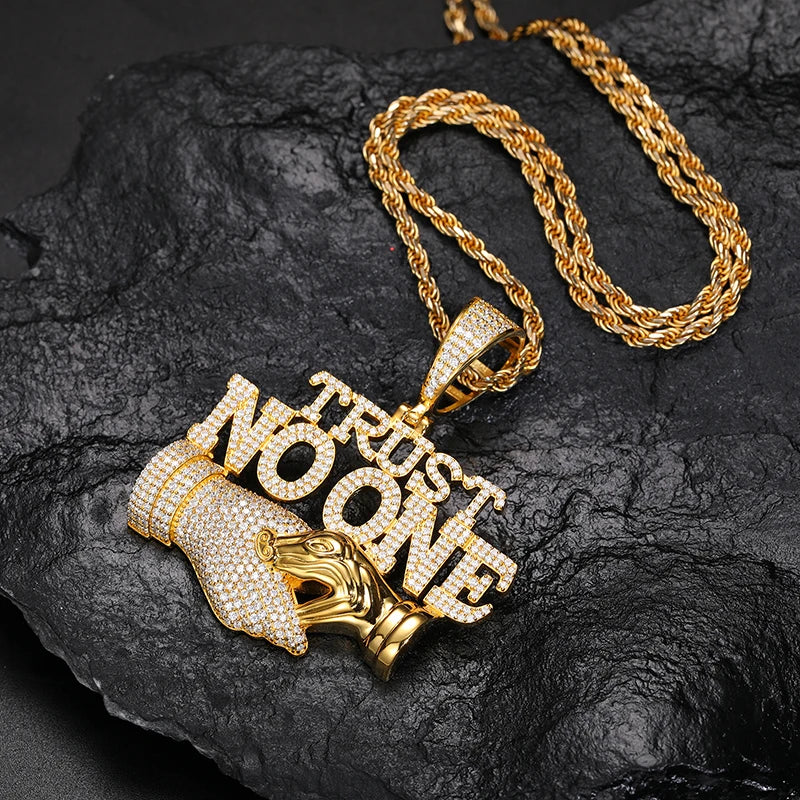 Men S925 Trust No one Pendant Necklace Iced Out Moissanite Gold Silver Color Charm Hip Hop, Fine Jewelry, Gift, Party.