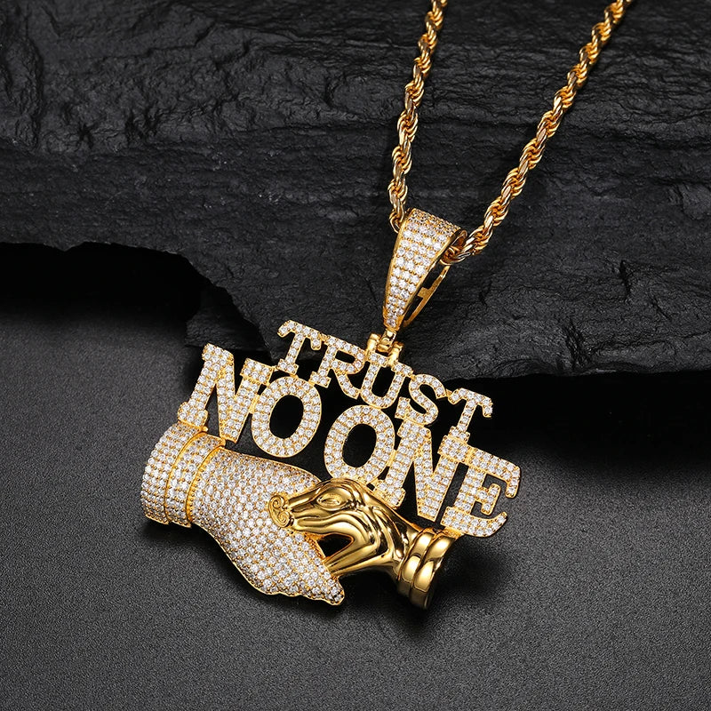 Men S925 Trust No one Pendant Necklace Iced Out Moissanite Gold Silver Color Charm Hip Hop, Fine Jewelry, Gift, Party.