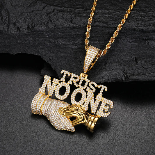 Men S925 Trust No one Pendant Necklace Iced Out Moissanite Gold Silver Color Charm Hip Hop, Fine Jewelry, Gift, Party.