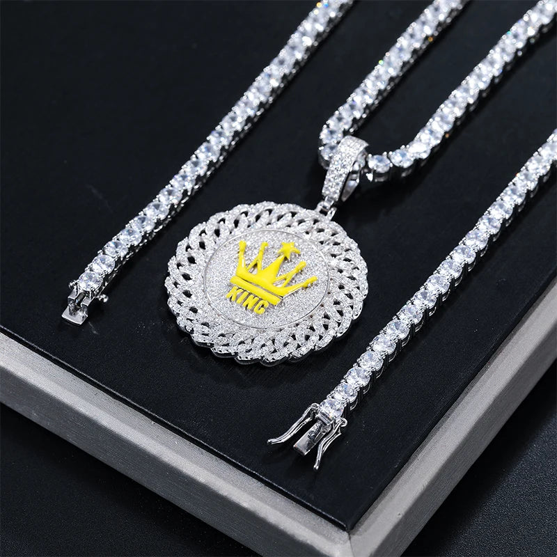 Real Moissanite Sparkling Full Diamond Round With Glowing Crown Pendant Ring Necklace Iced Out Women Men Hip Hop Jewelry Gifts