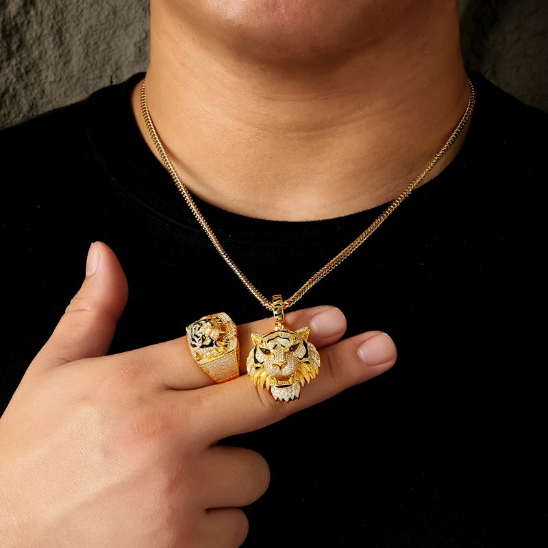 Hip Hop Full Moissanite Tiger Pendant Necklace Ring for Women Men 925 Silver Unisex Tiger Animal Luxury Jewelry Set Gifts Box