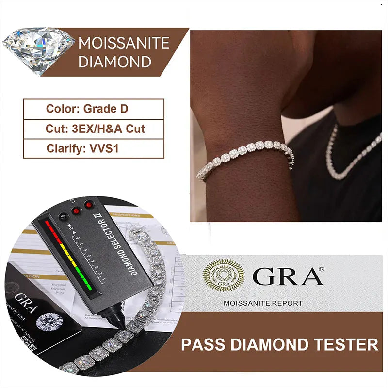 Unisex Cuban Chain 6mm Width Chain S925 Bracelet VVS1 Moissanite With Certificate For Men/Women Hip Hop Jewelry Gift