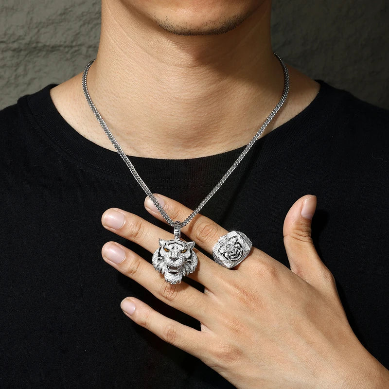 Hip Hop Full Moissanite Tiger Pendant Necklace Ring for Women Men 925 Silver Unisex Tiger Animal Luxury Jewelry Set Gifts Box
