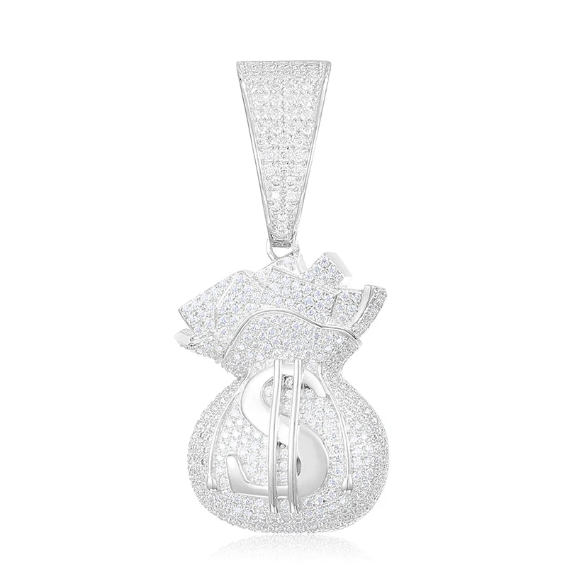 New D Color VVS Moissanite Lucky Money Bag Pendant Necklace 925 Sterling Silver Women Men's Hip Hop Rock Jewelry Rich Jewelry