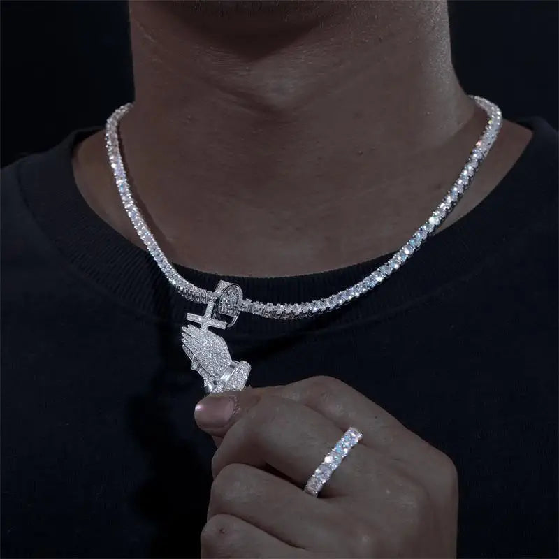 D Color Moissanite Bling Cross Pray Hand Pendant Necklace 925 Sterling Silver Hip Hop Jewelry Christmas Gift Passed Diamond Test