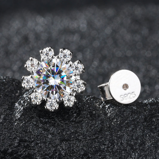 New Sparkling 1CT D VVS Moissanite Diamond Halo Sunflower Stud Earrings for Women 925 Sterling Silver Wedding Party Fine Jewelry