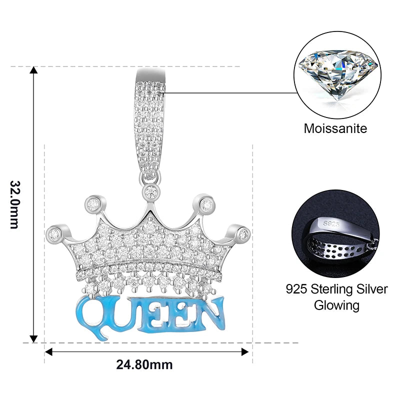 D VVS Moissanite Crown Queen Pendant Necklace S925 Silver Creativity Girl Men Hip Hop Fine Jewelry Fashion Personality Gift
