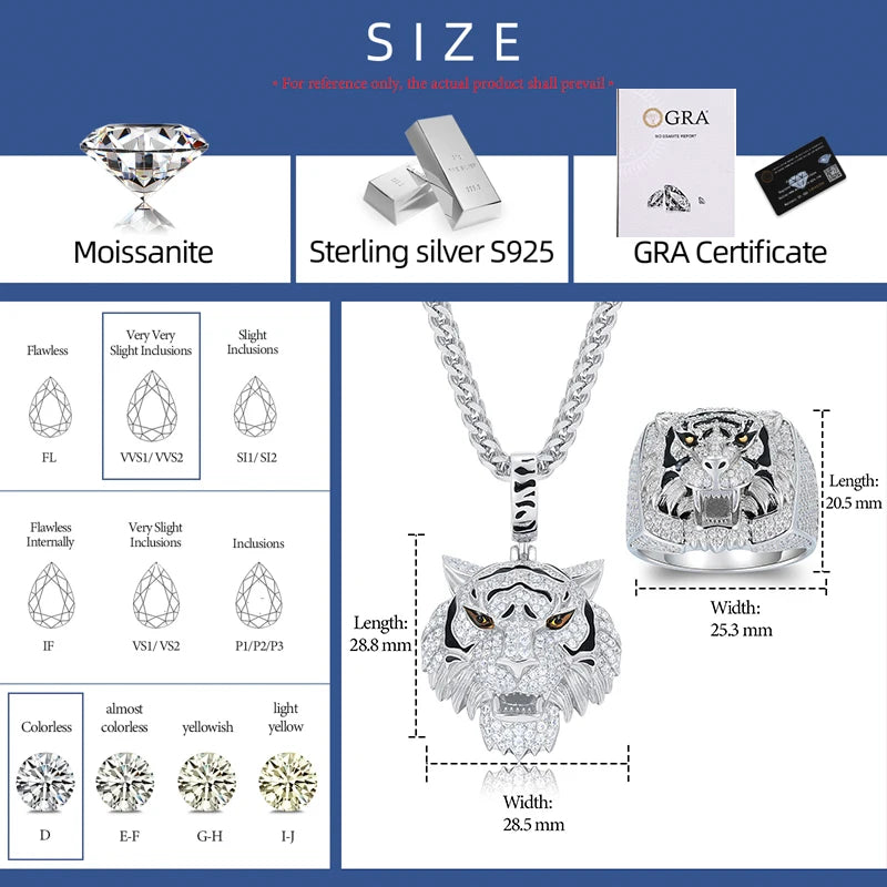 Hip Hop Full Moissanite Tiger Pendant Necklace Ring for Women Men 925 Silver Unisex Tiger Animal Luxury Jewelry Set Gifts Box