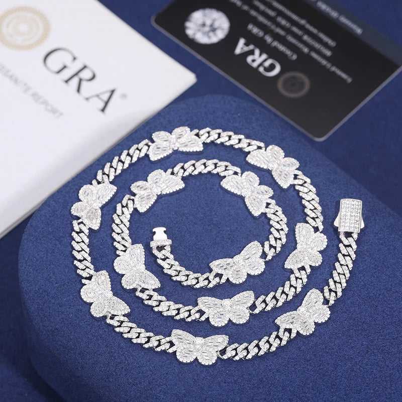 Hip Hop S925 Moissanite Iced Out Cuban Link Chain Butterfly Necklace For Women Men Miami Cuban Link Chain Jewelry Christmas Gift