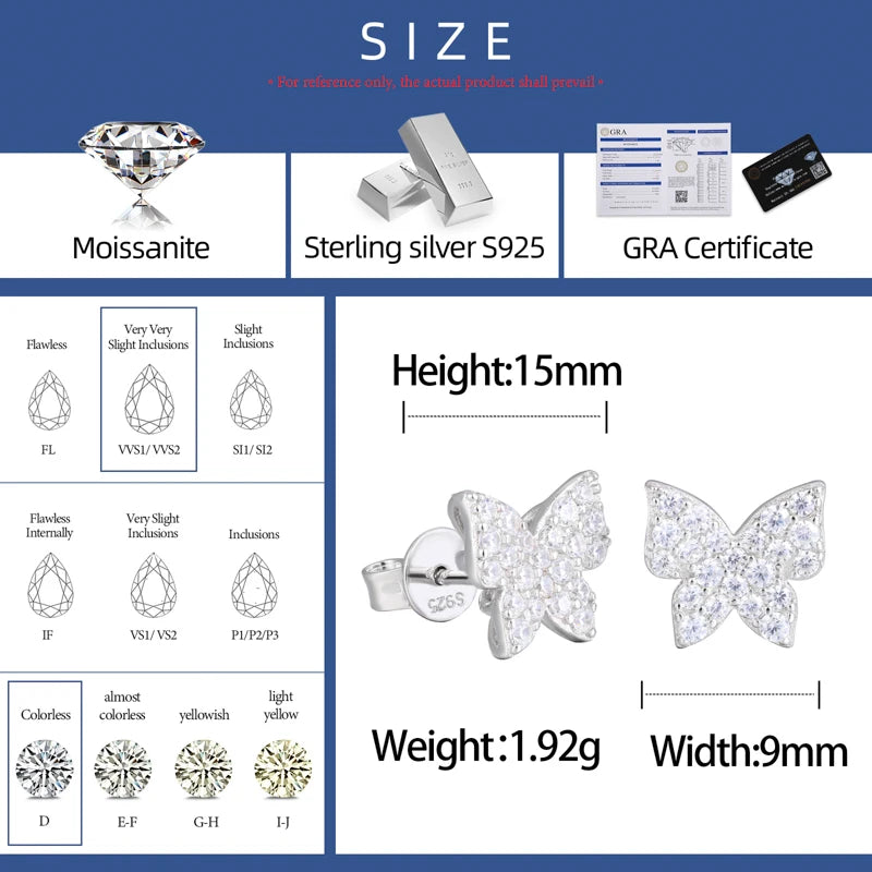 Real 925 Sterling Silver Mini Butterfly Stud Earrings For Man Woman Iced Out Moissanite Cute Fine Wedding Party Jewelry Gifts