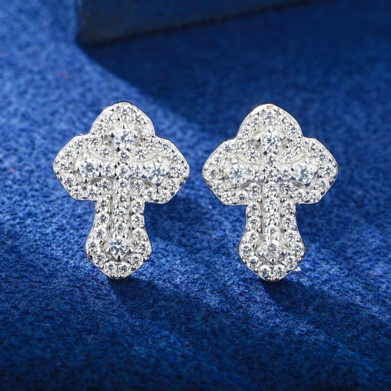 High Quality D VVS Moissanite Religious Cross Stud Earrings For Women Men 100% 925 Sterling Silver Hip Hop Wedding Party Jewelry