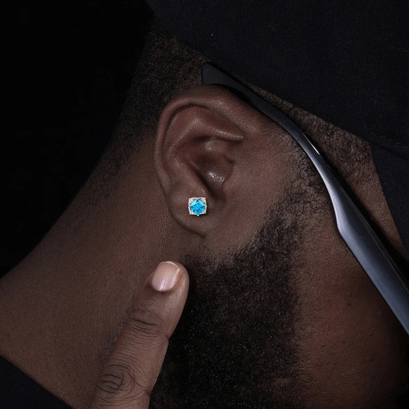 Bling 925 Sterling Silver Blue Asscher Cut Stud Earrings For Women Men Fine Hip Hop Wedding Party Ear Jewelry Accessories Gifts