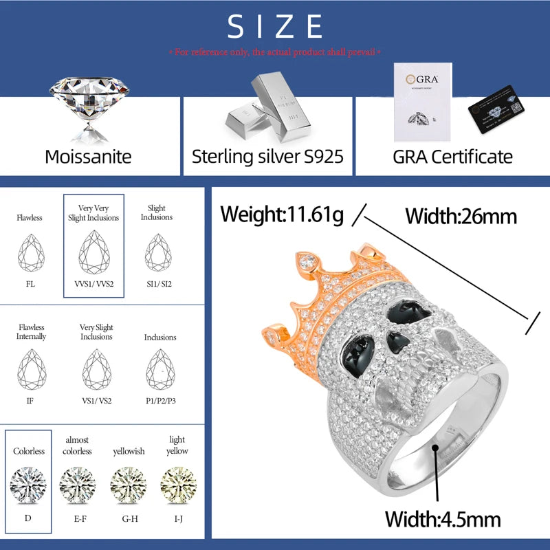Ola Luxury Moissanite Crown Skull Ring For Men Lab Diamond Sterling Silver Iced Out Hip Hop Rings, Sparkling Jewelry for Special Events