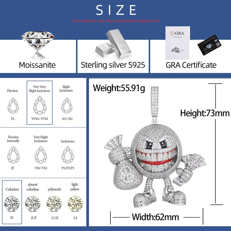 High Quality MoneyBag Pendant Necklace Moissanite Iced Out HipHop Bling Jewelry For Men/Women 925 Sterling Silver Trendy Pendant